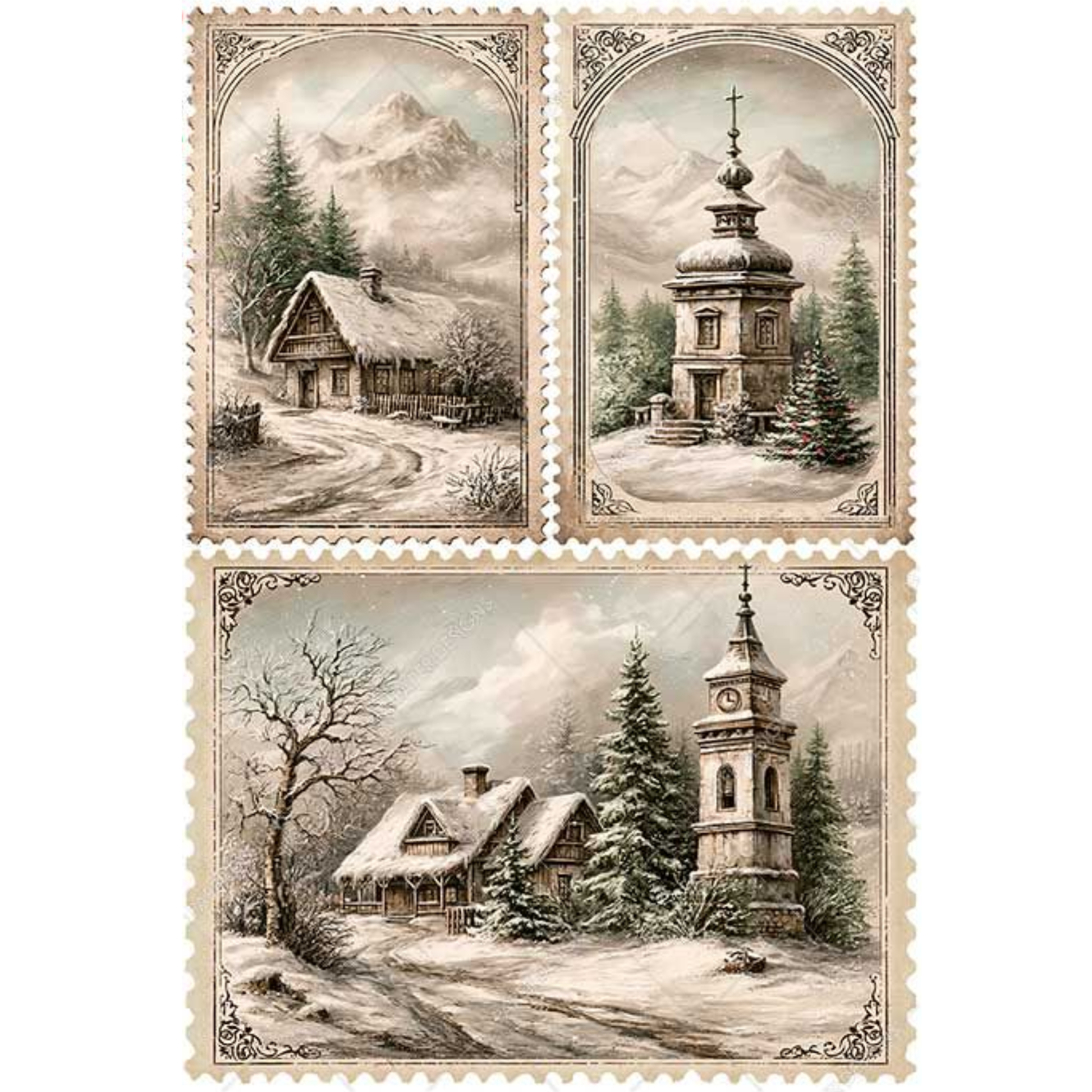 Three vintage postage stamp style images depicting winter landscapes showing snowy mountains, cabins, trees, and a tower in muted beige, gray, and brown tones.