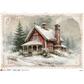 A vintage-style winter image of a red house with snow-covered roofs and chimneys, surrounded by evergreen trees and a snowy landscape. The artwork is framed like a postage stamp with a distressed border.