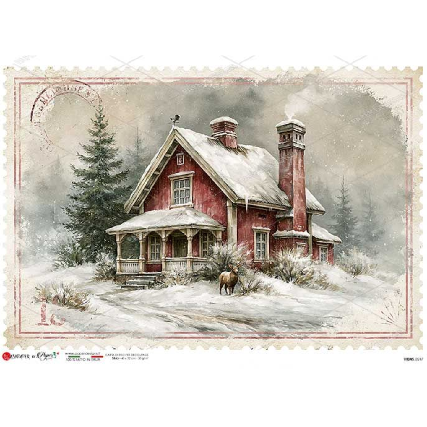 A vintage-style winter image of a red house with snow-covered roofs and chimneys, surrounded by evergreen trees and a snowy landscape. The artwork is framed like a postage stamp with a distressed border.
