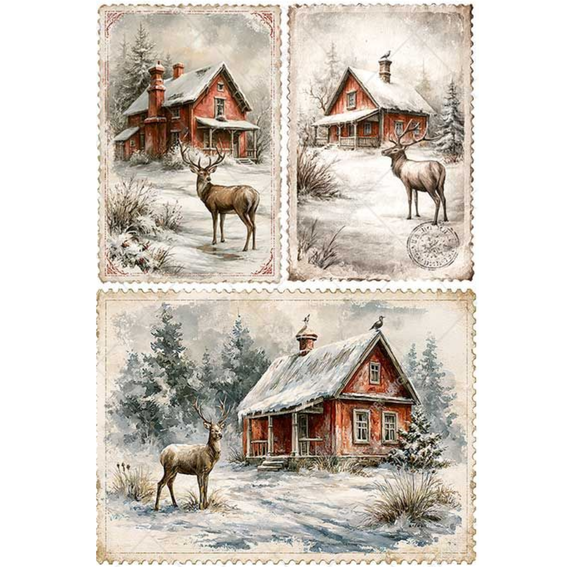 Three vintage-style images showing snowy winter cabins with deer, arranged on a white background. The top row has two smaller prints, and the bottom row has one larger print.