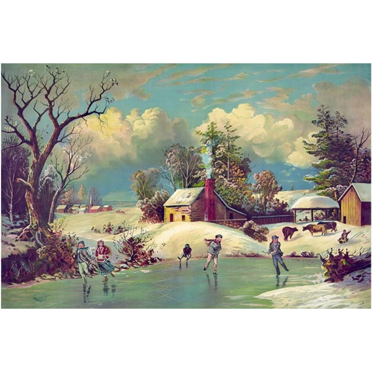 Vintage winter scene with people skating on a frozen lake, trees, and houses in the background.