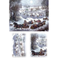 Multiple winter scene images with people on horse-drawn sleds and ice skating.