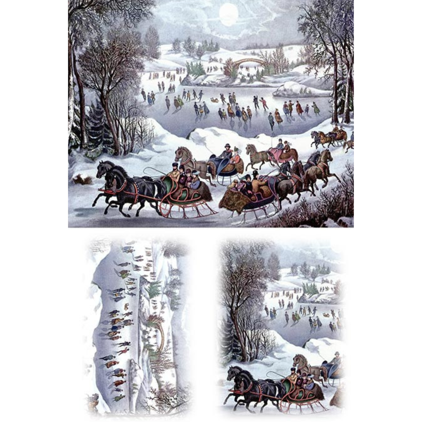 Multiple winter scene images with people on horse-drawn sleds and ice skating.