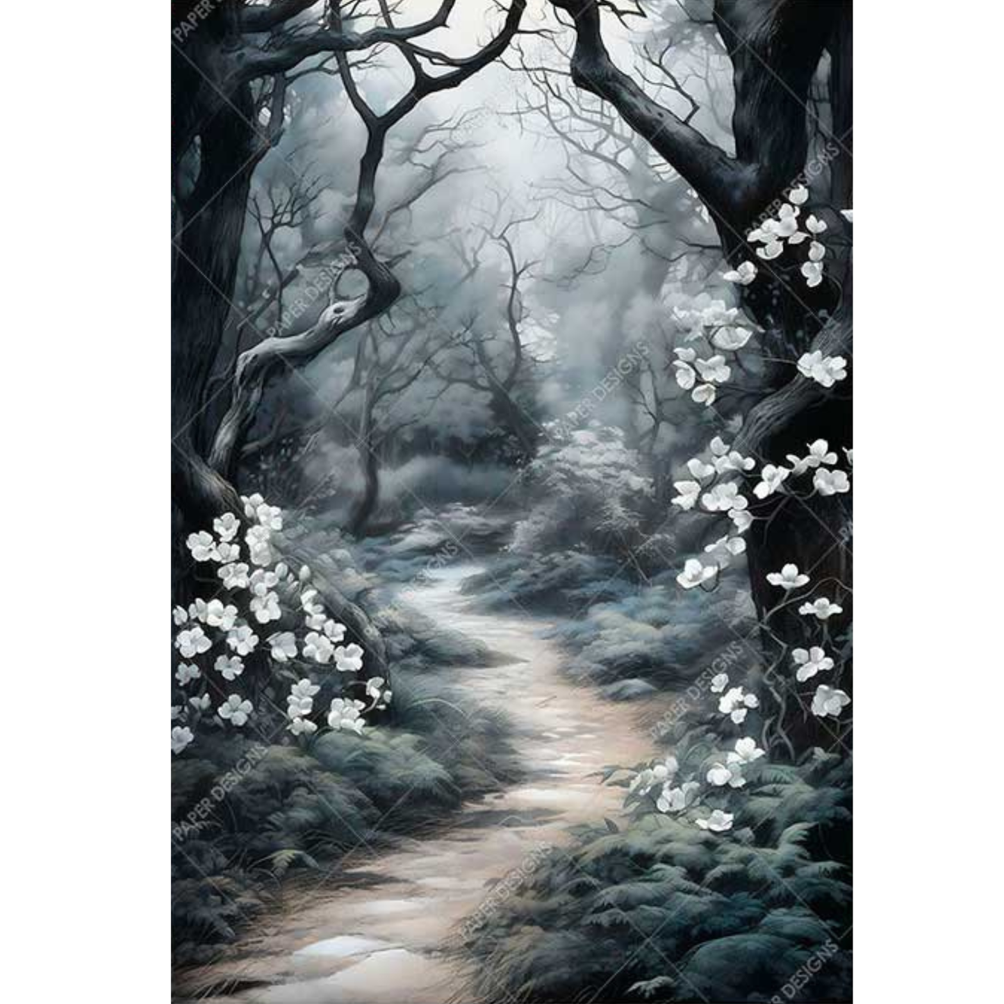 Pathway through a dark spooky forest with white flowers.