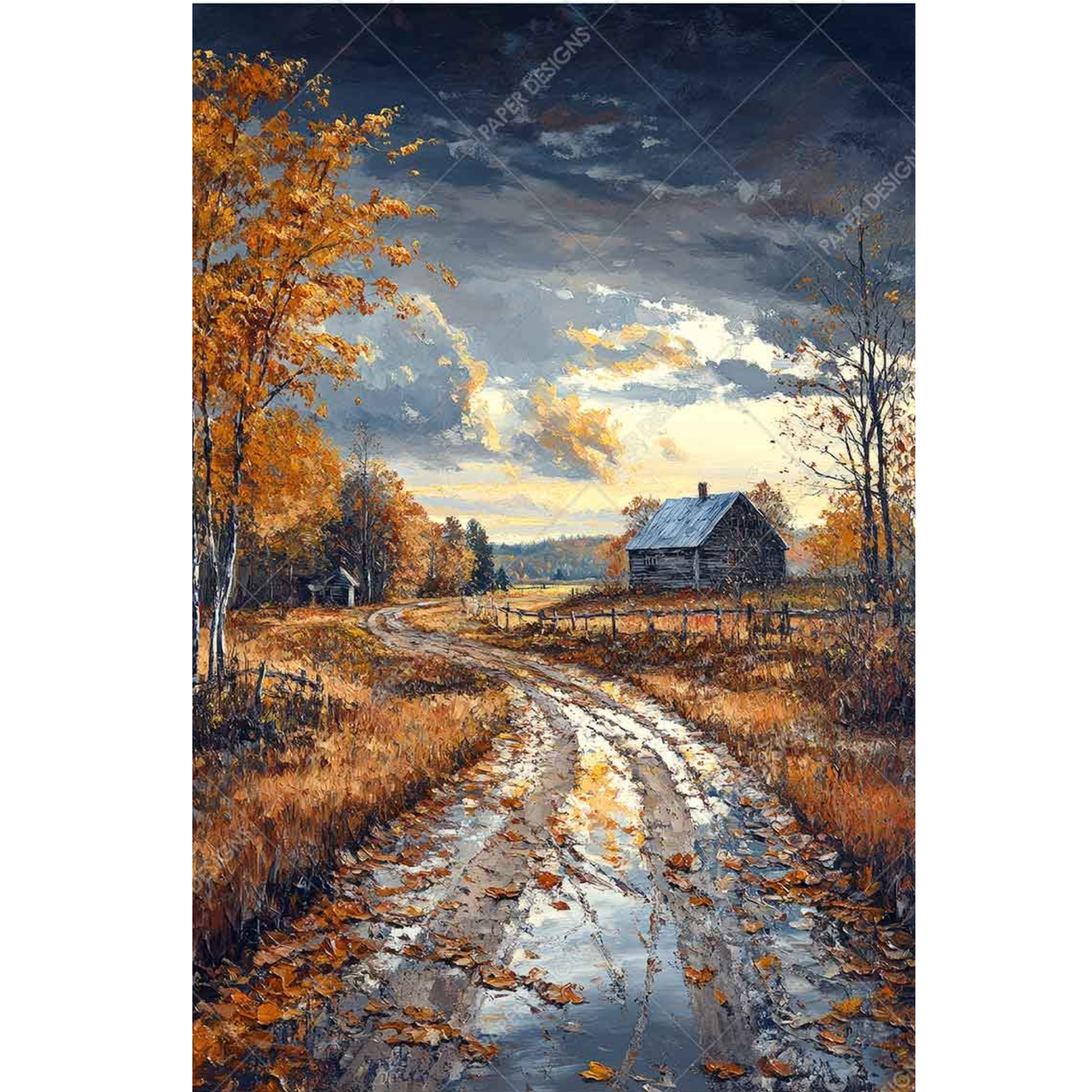 Painting of a rural landscape with a dirt road, trees, and a house.