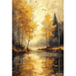 Painting of a serene autumn landscape with trees, a lake, and birds.