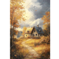 Painting of a rustic cabin in the woods with autumn foliage