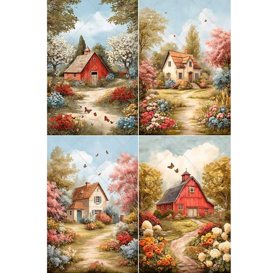 Set of four scenic paintings featuring houses and nature.