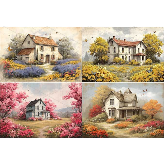 Four seasonal scenes of cottages with different colored flowers around it.