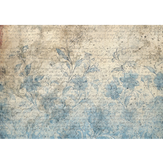 Vintage-style floral pattern on a textured, script background.