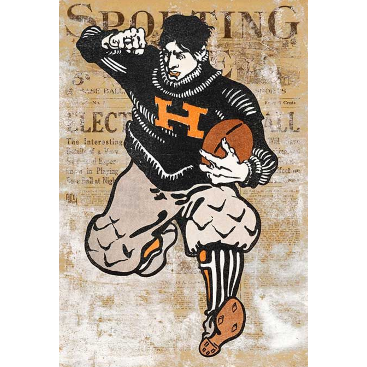 Vintage-style illustration of a sports figure holding a football on a textured background