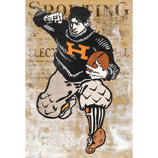 Vintage-style illustration of a sports figure holding a football on a textured background
