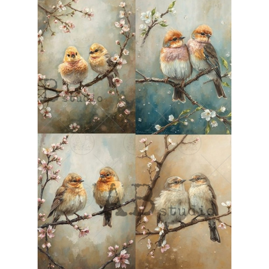 "Warm Spring BIrds 4 Pack" decoupage rice paper by AB Studio. Available at Milton's Daughter.