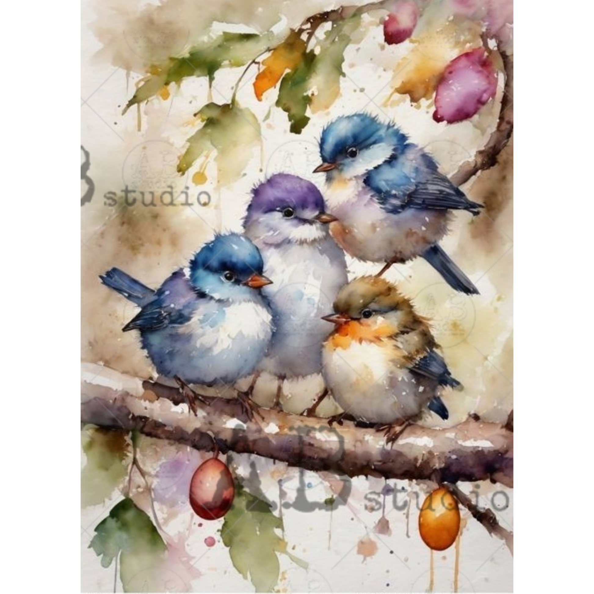 "Watercolor Birds On A Branch" decoupage rice paper by AB Studio. Available at Milton's Daughter.