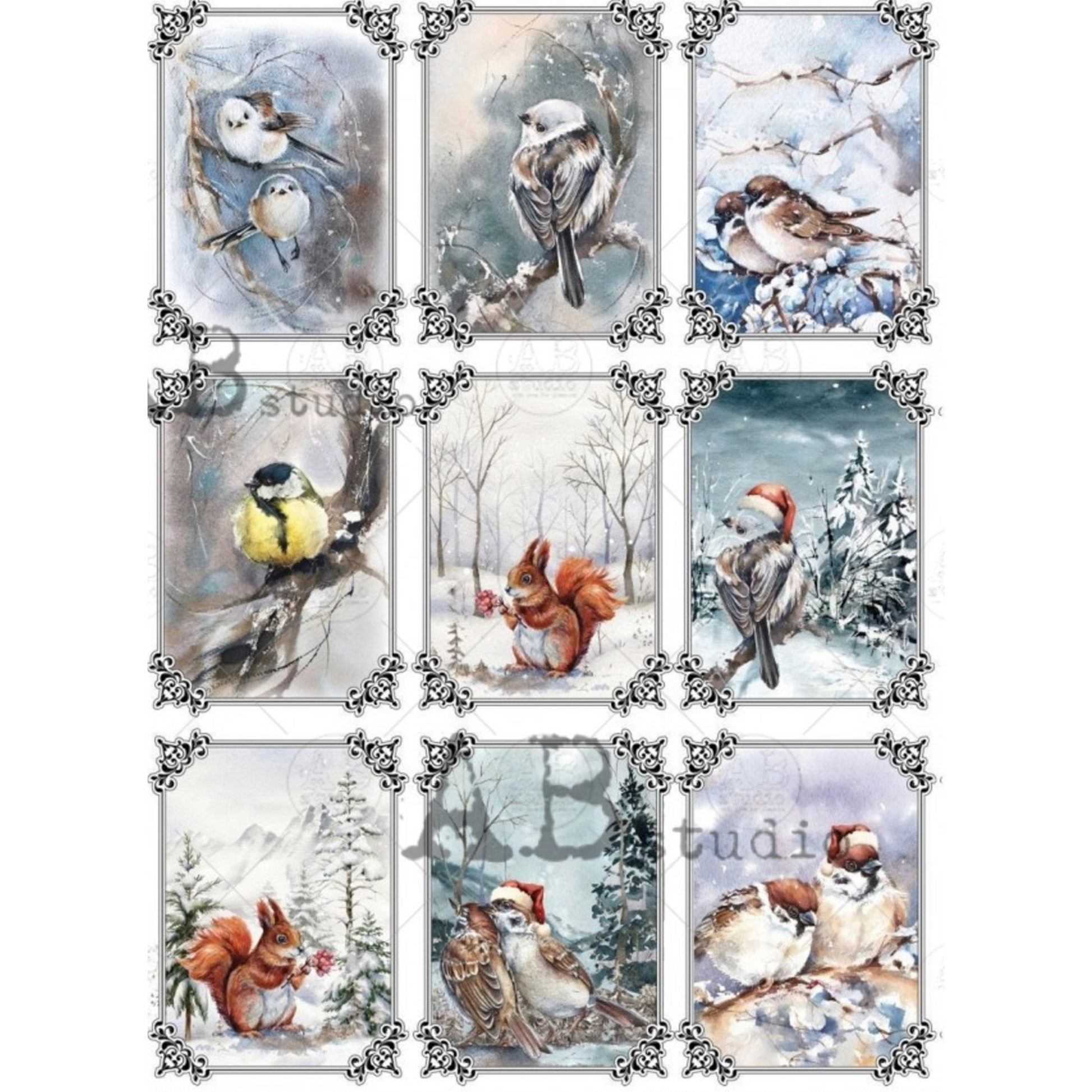 "Winter Birds and Forest Animals" decoupage rice paper by AB Studio. Available at Milton's Daughter.