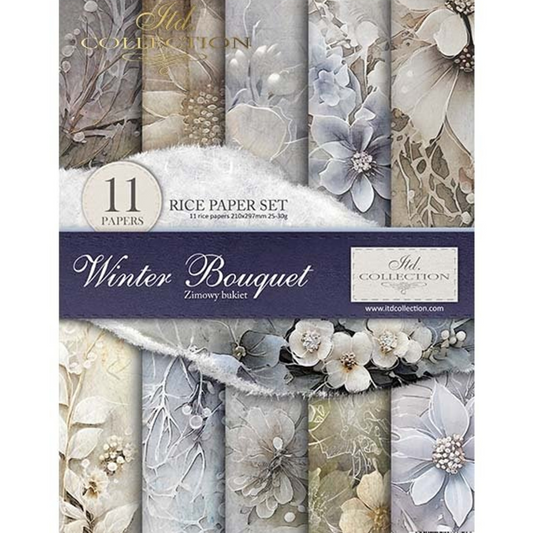 "Winter Bouquet" decoupage rice paper 11 sheet set by ITD Collection. Available at Milton's Daughter. Front Cover.
