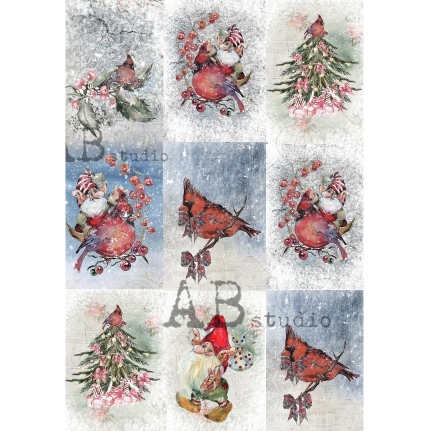 "Winter Cardinals-9 Pack" decoupage rice paper by AB Studio. Size A4 available at Milton's Daughter.