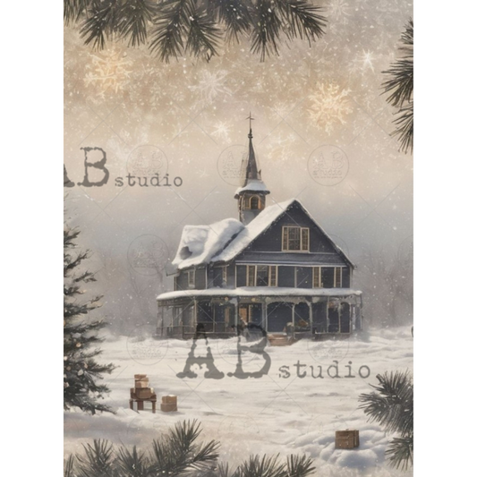 "Winter Church" decoupage rice paper by AB Studio. Available at Milton's Daughter.