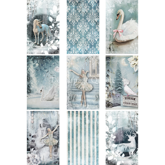 "Winter Fantasy Tags" decoupage rice paper by Decoupage Queen. Available at Milton's Daughter.
