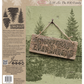 Back packaging  of IOD Stamp Winter Grove by Iron Orchid designs, featuring a rustic wooden hanging sign with the phrase 'Chirstmas Evergreens' over a green forest background illustration.