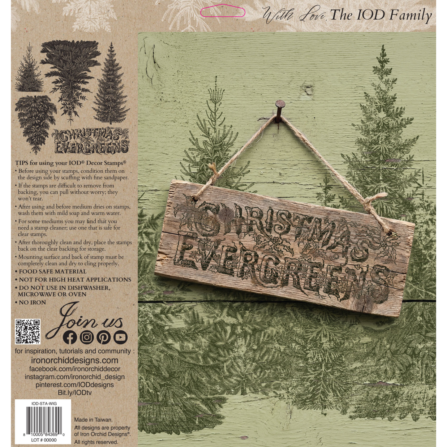 Back packaging  of IOD Stamp Winter Grove by Iron Orchid designs, featuring a rustic wooden hanging sign with the phrase 'Chirstmas Evergreens' over a green forest background illustration.