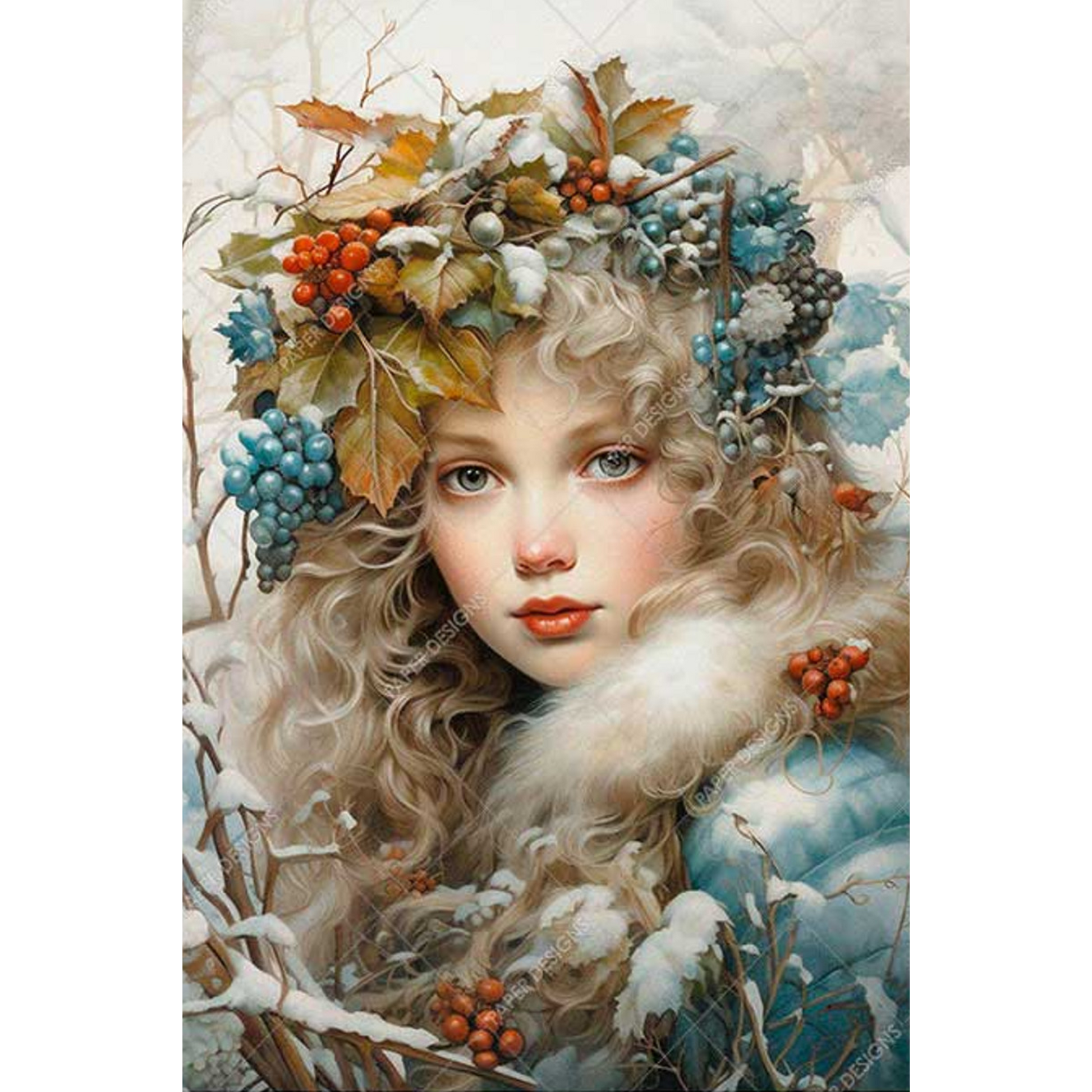 "Winter Maiden With Berry Crown" decoupage rice paper by Paper Designs. Available at Milton's Daughter.