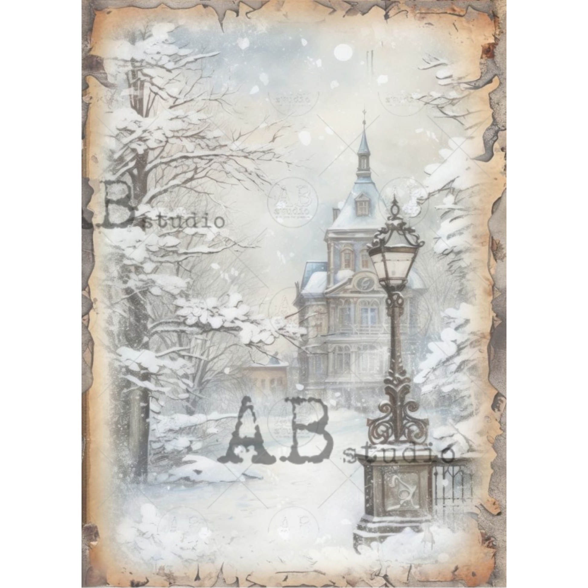 "Winter Streetscape" decoupage rice paper by AB Studio. Available at Milton's Daughter.