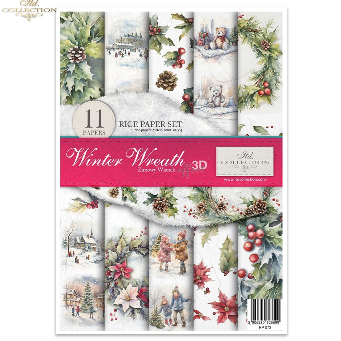 A 11-piece winter-themed rice paper set from ITD Collection featuring various holiday illustrations including snow scenes, children, bears, pinecones, and holly. 