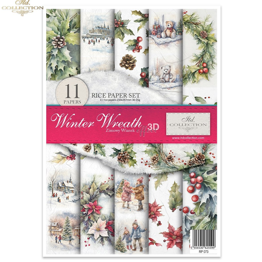 A 11-piece winter-themed rice paper set from ITD Collection featuring various holiday illustrations including snow scenes, children, bears, pinecones, and holly. 