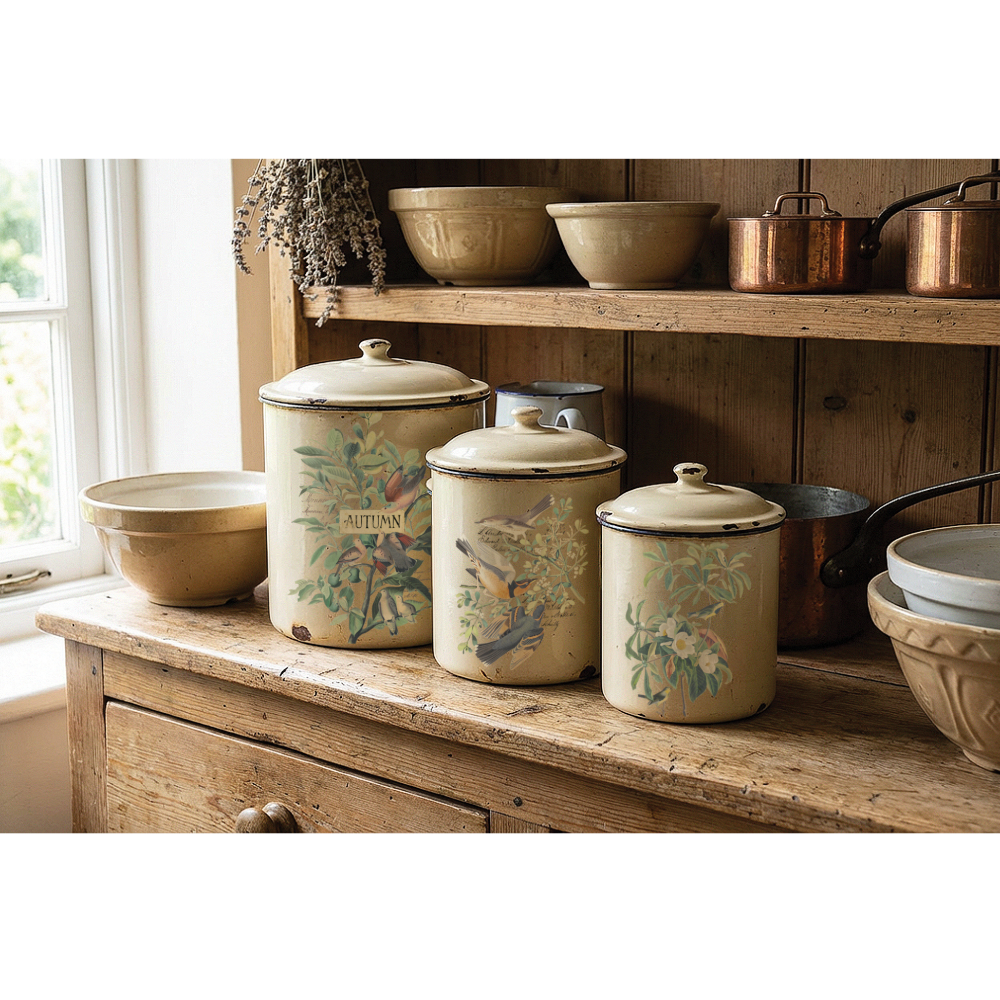 Three vintage-style enamel canisters with lids, decorated with autumn bird and floral IOD transfers, displayed on a rustic wooden kitchen counter alongside matching bowls and copper pots.