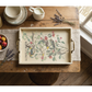 A rectangular decorative serving tray with brass handles sits on a rustic wooden table. The tray has a cream background with a vintage-style botanical IOD Transfer of birds and cherries.