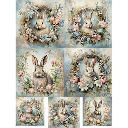 "Wreath Framed Bunny Portraits" decoupage rice paper by Calambour. Available at Milton's Daughter.