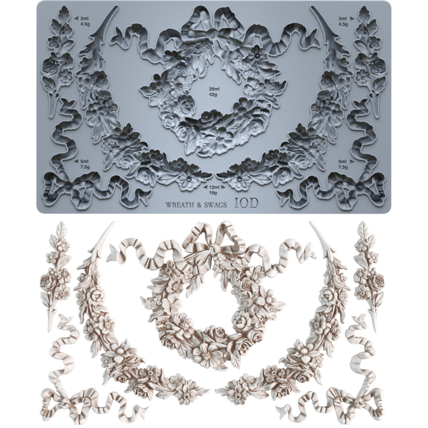 IOD Wreaths & Swags mold side by side mould and castings. Decorative mold with wreath and swag designs on a white background