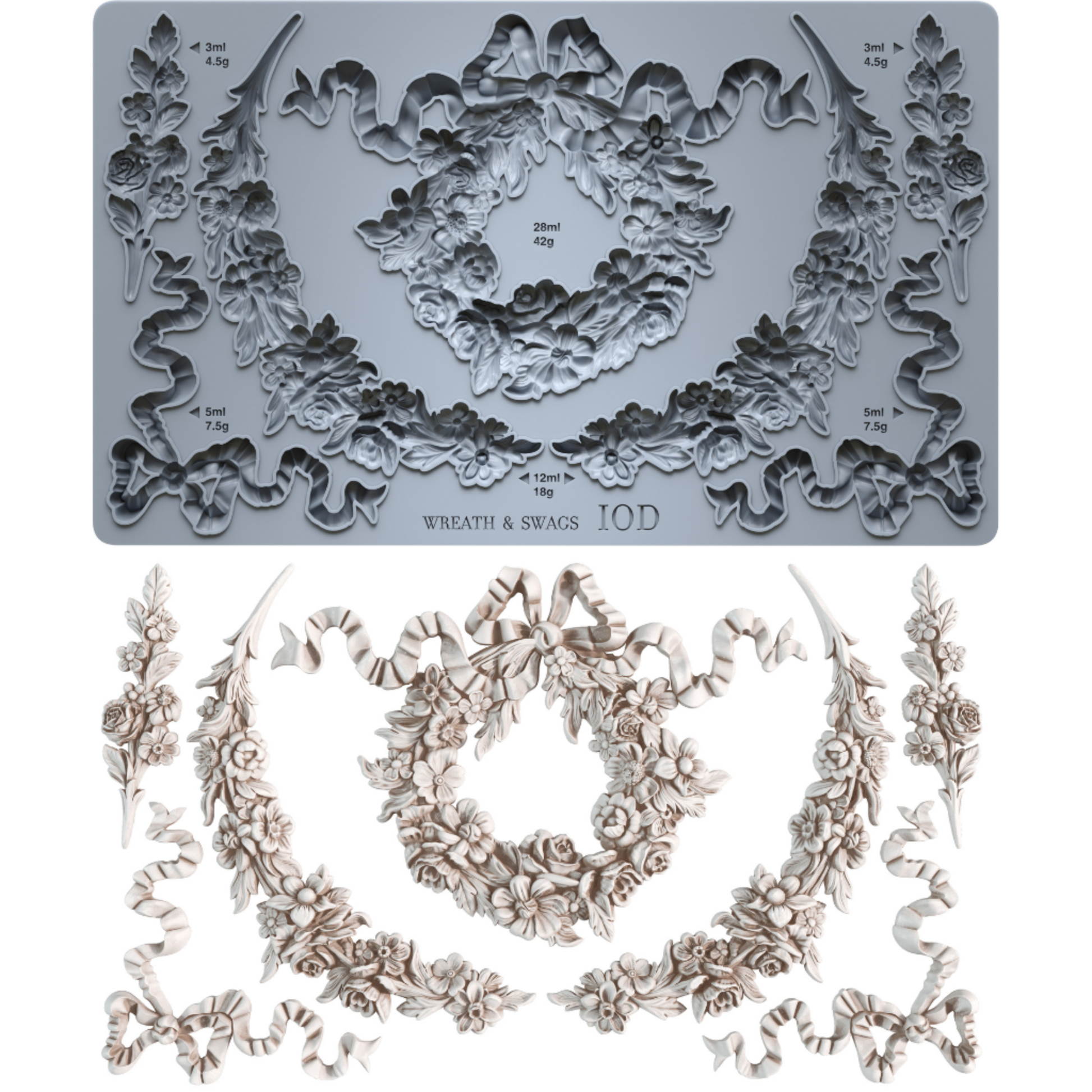 IOD Wreaths & Swags mold side by side mould and castings. Decorative mold with wreath and swag designs on a white background