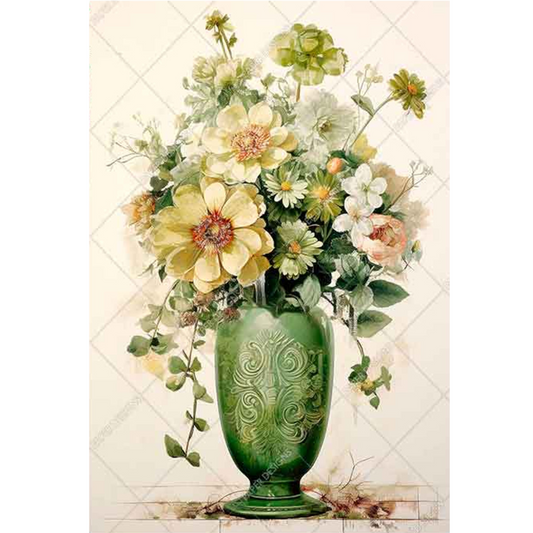 "Yellow & White Flowers in Green Vase" decoupage rice paper by Paper Designs. Available at MIlton's Daughter.