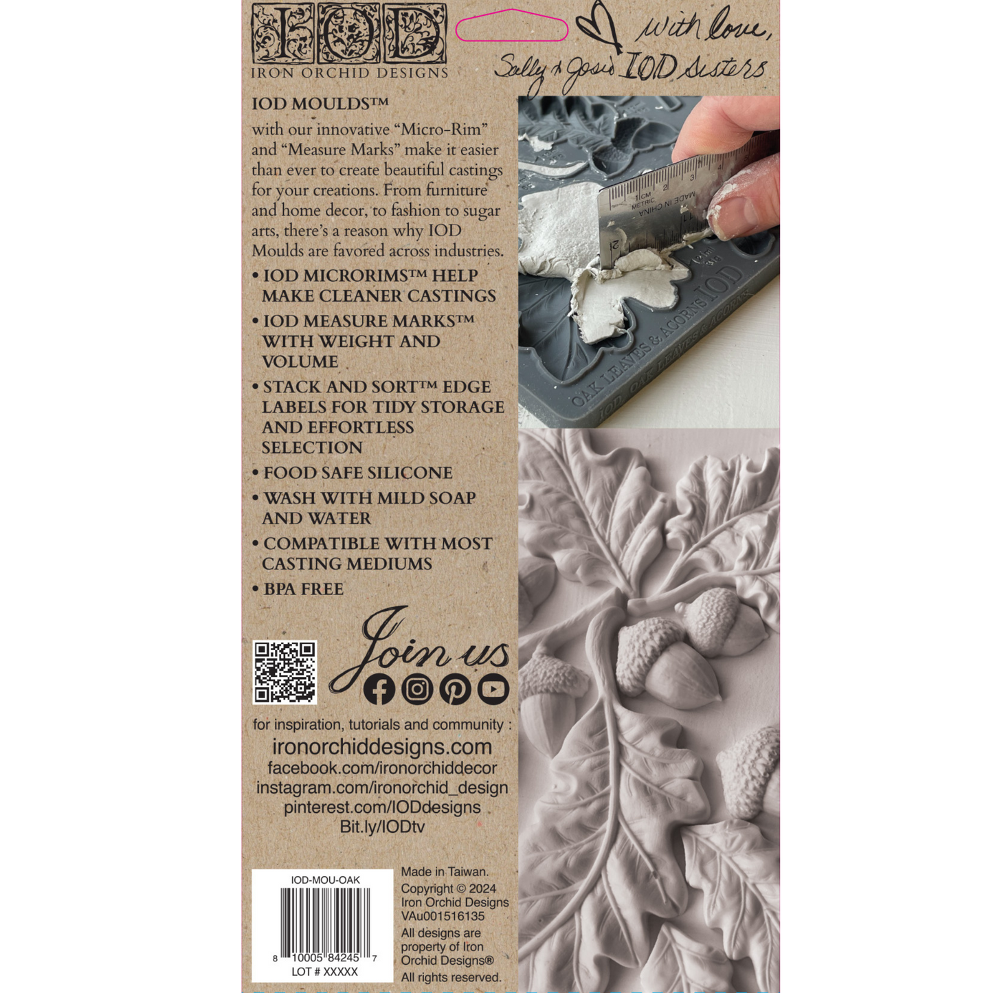 "Oak Leaves & Acorns" IOD Decor Mould by Iron Orchid Designs. 6" x 10" silicone mould available at Milton's Daughter. Back cover