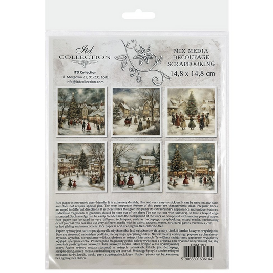 "Winter Village Skaters" Mini Rice Paper Set by ITD Collection. Back Cover.