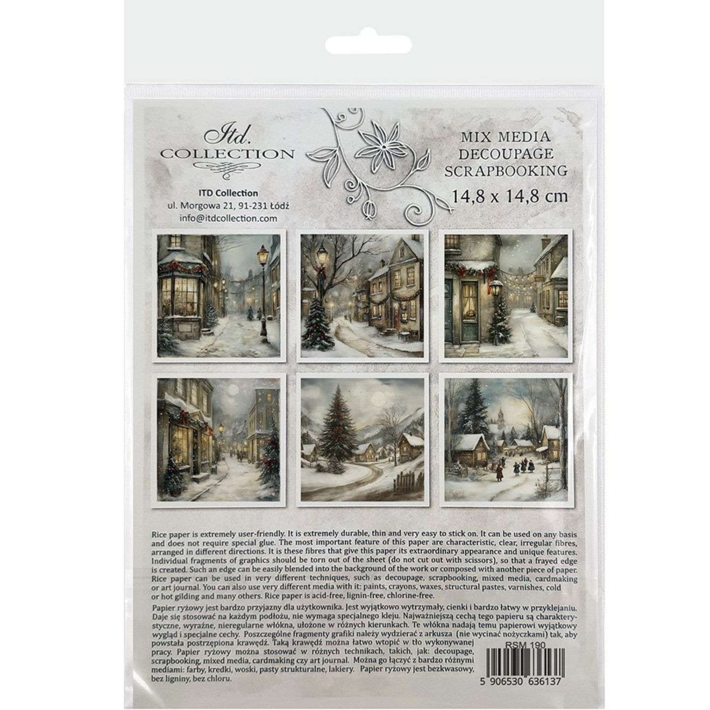 "Snowy Village" Mini Rice Paper Set by ITD Collection. Back cover.
