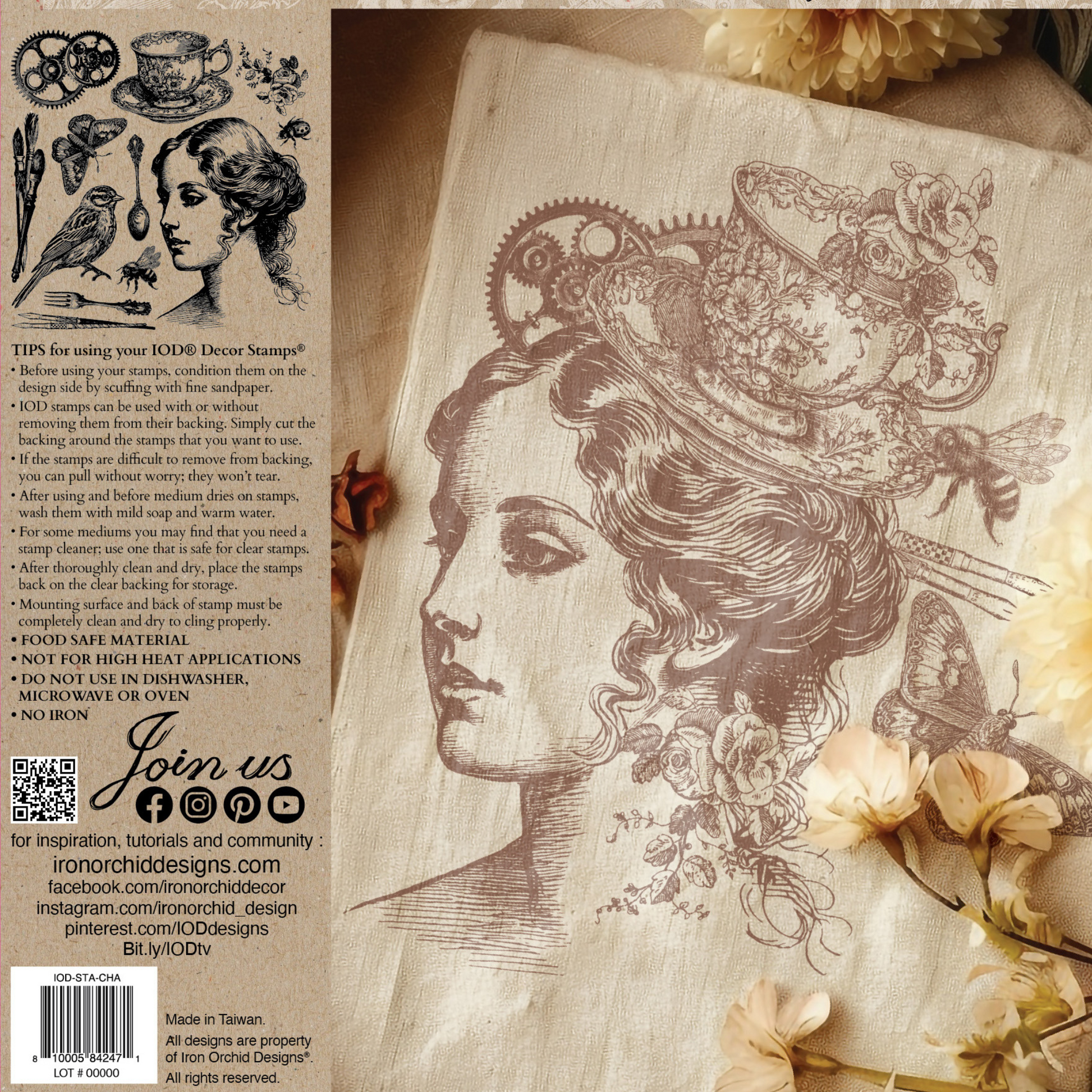 "Charlotte" IOD Decor Stamp by Iron Orchid Designs. Back cover. Single sheet clear stamp available at Milton's Daughter.