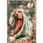 A vintage-style Christmas rice paper featuring Santa Claus in a red coat and white fur-trimmed cloak, surrounded by aged newspaper elements, ornaments, holly, and the words 'Everything for Xmas'.