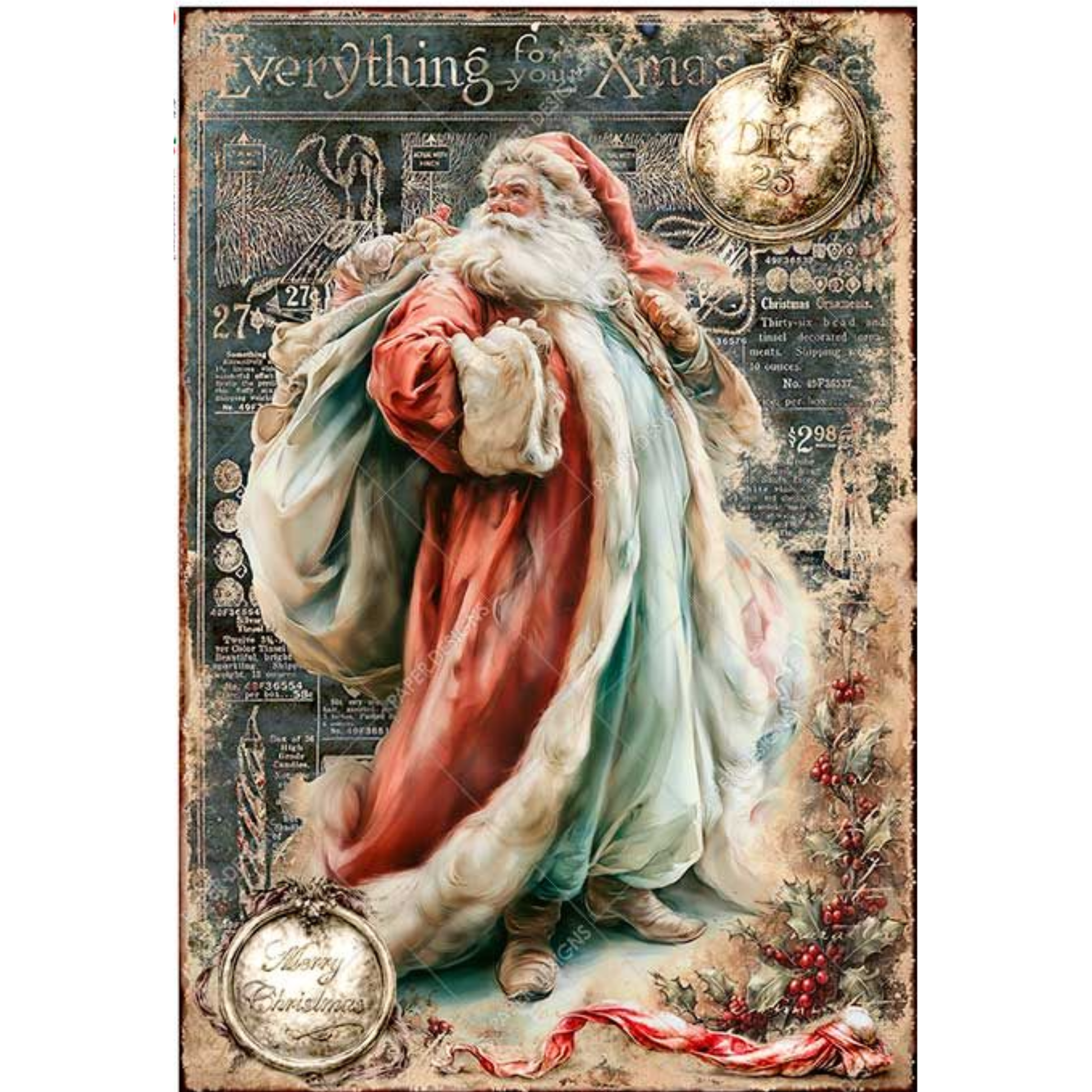 A vintage-style Christmas rice paper featuring Santa Claus in a red coat and white fur-trimmed cloak, surrounded by aged newspaper elements, ornaments, holly, and the words 'Everything for Xmas'.