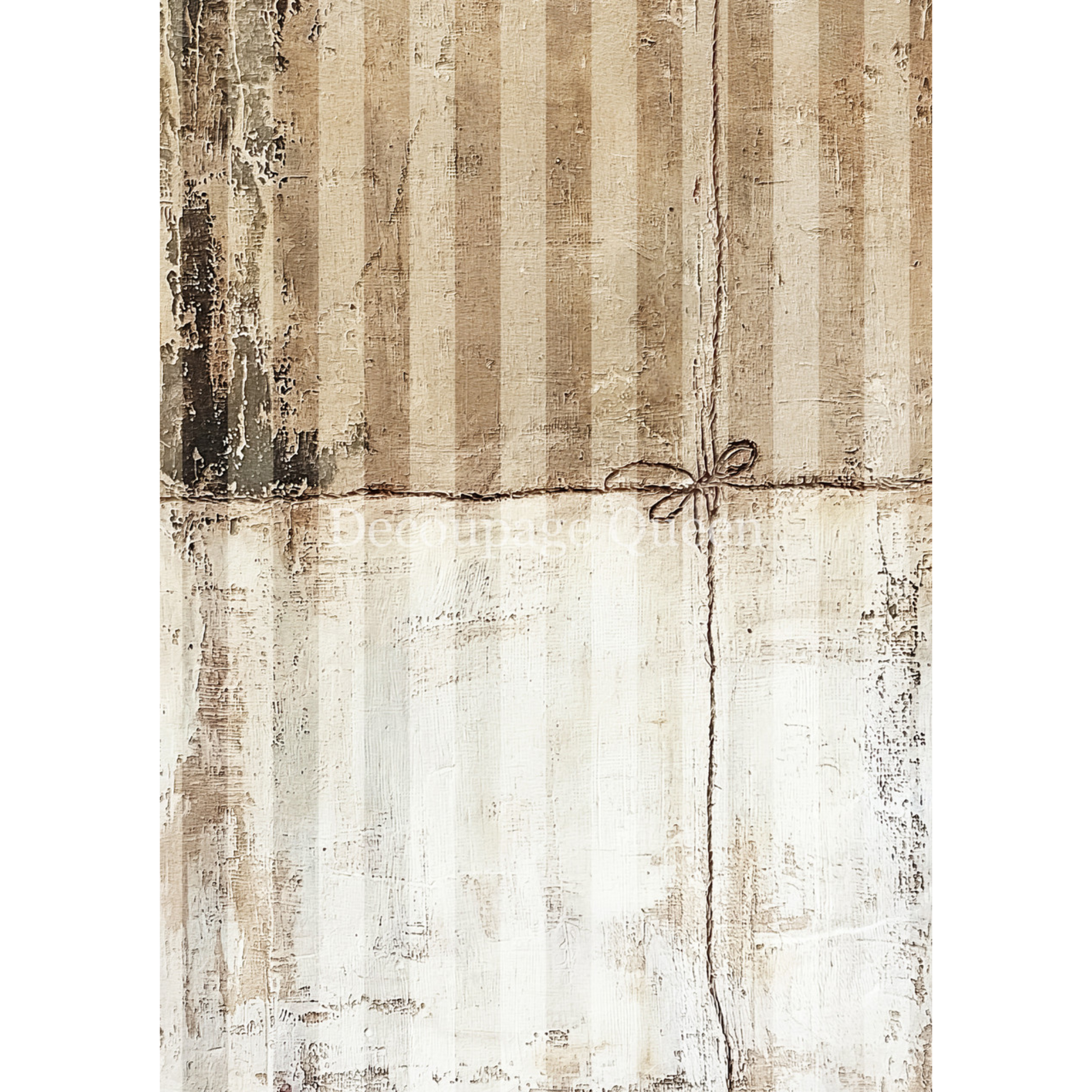 "Cottage Stripes" decoupage rice paper by Decoupage Queen. Available at Milton's Daughter. Textured beige and brown patterned paper with a decorative bow on a white background