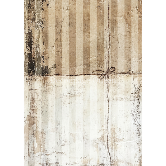 "Cottage Stripes" decoupage rice paper by Decoupage Queen. Available at Milton's Daughter. Textured beige and brown patterned paper with a decorative bow on a white background