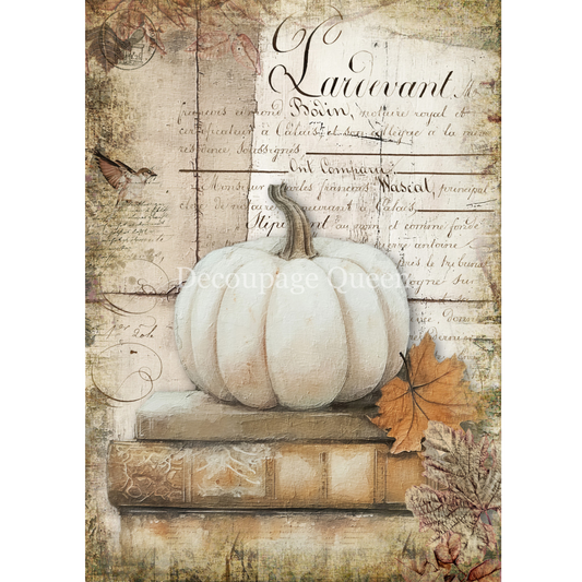 "Cottage Pumpkin" decoupage rice paper by Decoupage Queen. Available at Milton's Daughter. Decorative paper with a white pumpkin, book, and autumn leaf on a textured background.