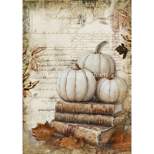 "Cottage Pumpkin 2" decoupage rice paper by Decoupage Queen. Available at Milton's Daughter. Decorative paper with white pumpkins on books, autumn leaves, and vintage text.