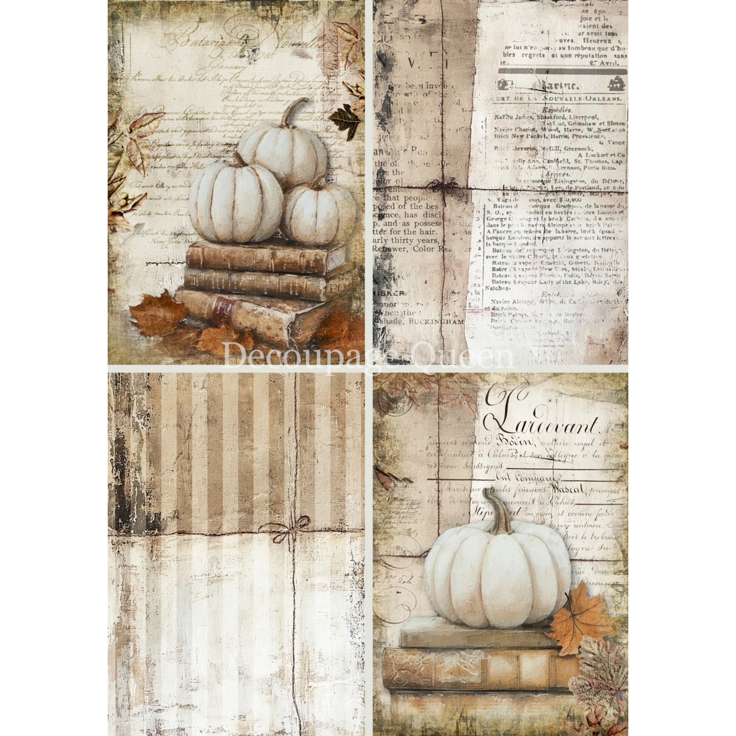 "Cottage Pumpkins 4 Pack" decoupage rice paper by Decoupage Queen. Available at Milton's Daughter. Collage of four decorative paper sheets featuring pumpkins, books, and autumn leaves on a rustic background.