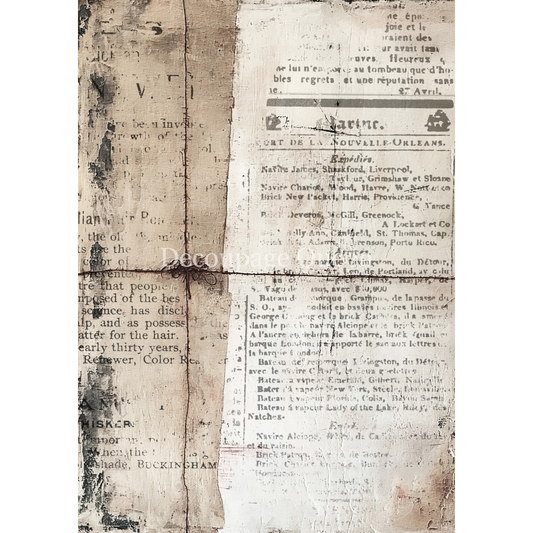 "Cottage Scraps" decoupage rice paper by Decoupage Queen. Available at Milton's Daughter. Vintage newspaper clipping with text and decorative elements on a white background.