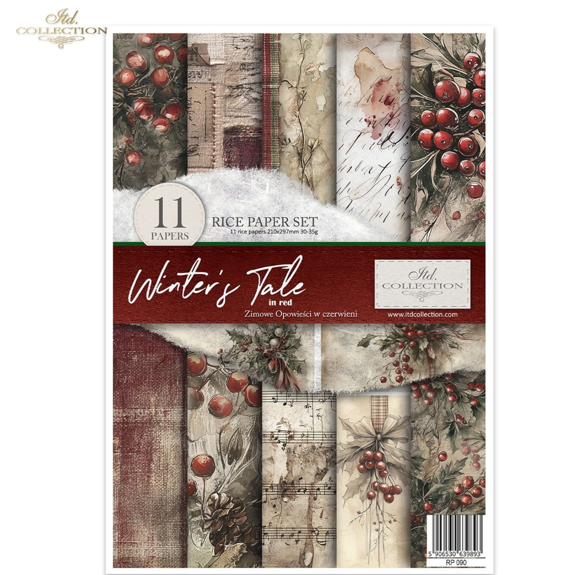 A package of 11  decoupage rice papers from ITD Collection's 'Winter's Tale' set, featuring vintage designs with red berries, musical notes, birch trees, and rustic textures.