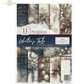 Winter's Tale in Blue Decoupage Rice Paper Set from ITD Collection. Front Cover. Set contains 11 size A4 rice paper sheets. The package shows multiple sample paper designs featuring vintage botanical illustrations, plaid, cream backgrounds, and muted holiday tones with blue as the primary color theme.