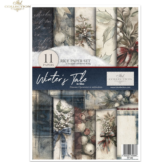 Winter's Tale in Blue Decoupage Rice Paper Set from ITD Collection. Front Cover. Set contains 11 size A4 rice paper sheets. The package shows multiple sample paper designs featuring vintage botanical illustrations, plaid, cream backgrounds, and muted holiday tones with blue as the primary color theme.